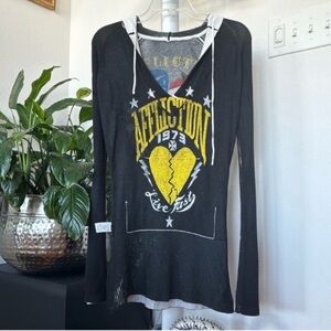 Affliction reversible Hooded Sweater Sz S Black Yellow V Neck